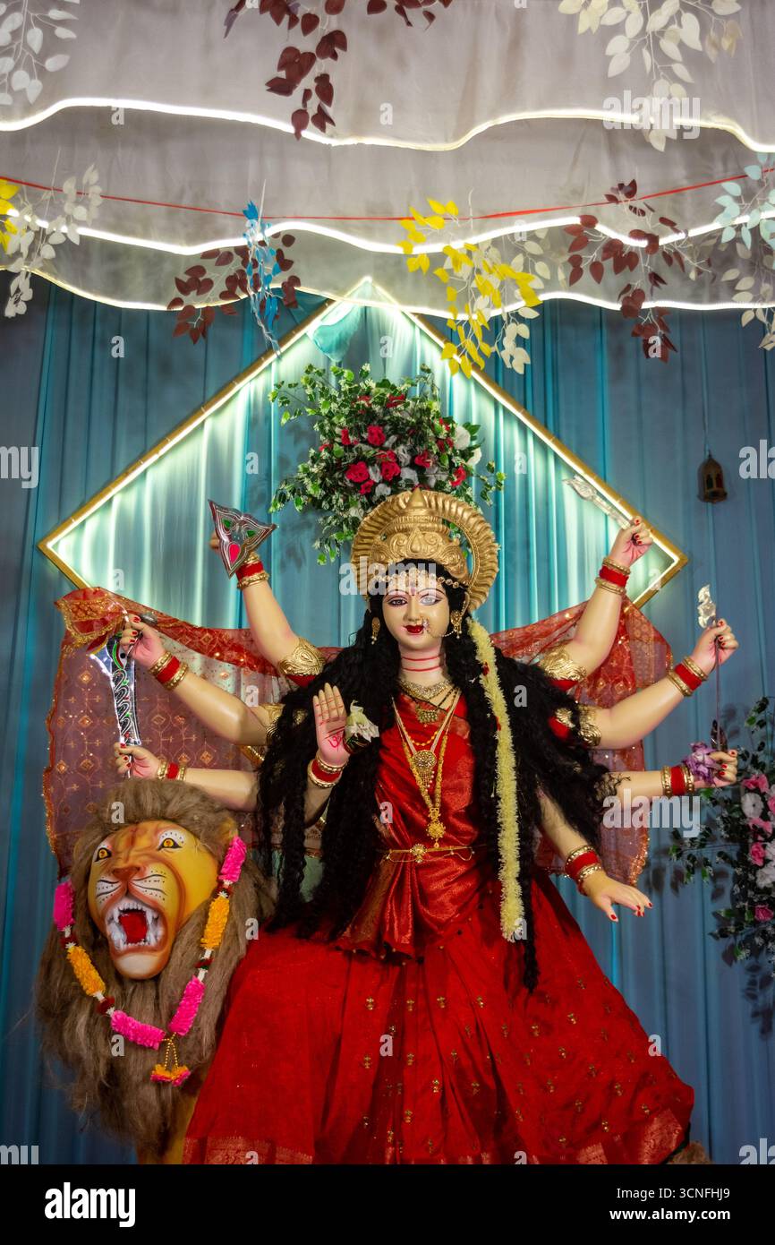 Beautifully Decorated Idol of Goddess Durga During Durga Puja Festival Stock Photo