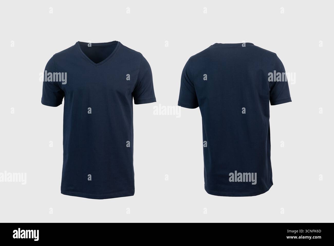 Dark Blue V-Neck T-Shirt Isolated on White Background . Front and Back View. High quality photo Stock Photo