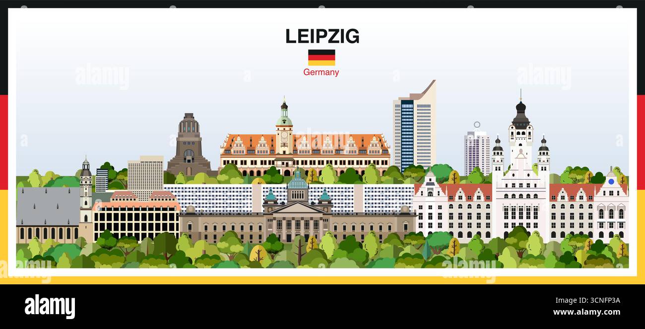 Leipzig city skyline with frame border in the colors of the German flag ...
