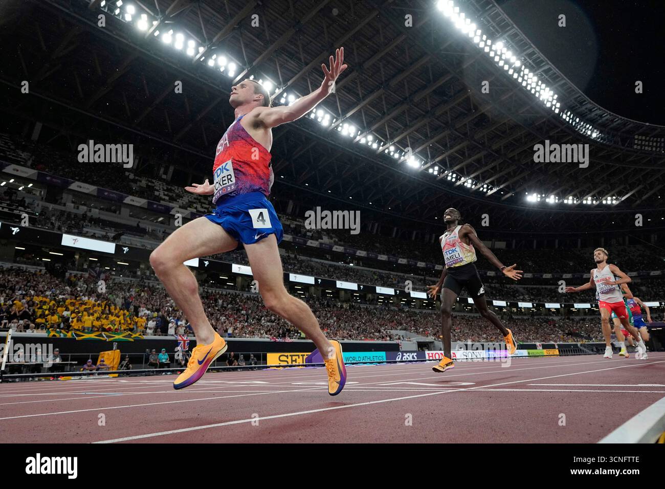 United States' Cole Hocker celebrates as he wins the men's 5,000 meters ...