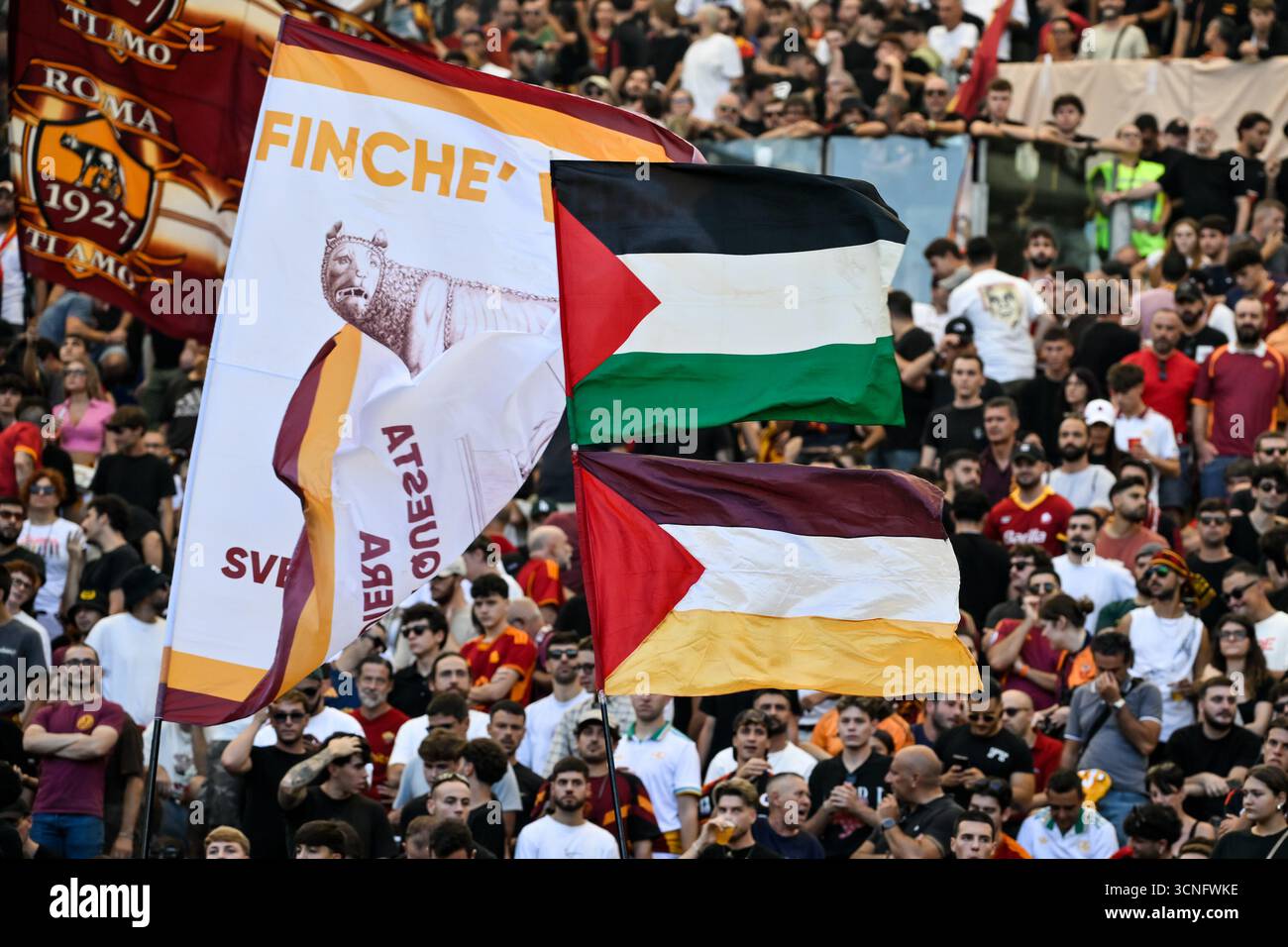 Roma and Palestine flags are seen during the Serie A 2025/2026 football ...