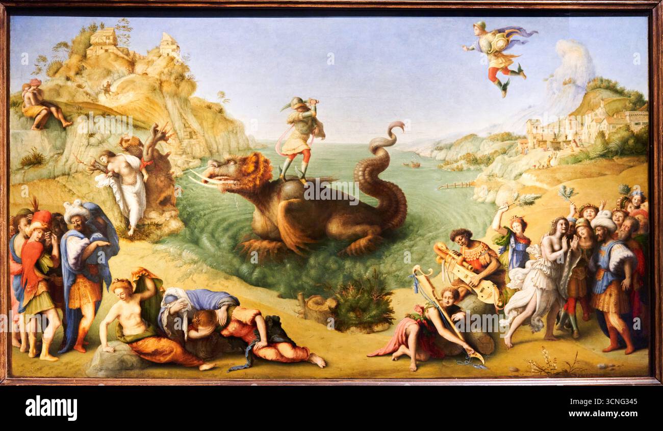Perseus Freeing Andromeda, 1510-1515, Oil and tempera on wood, PIERO DI COSIMO, Piero di Lorenzo, detto, Uffizi gallery, Galeria degli Uffizi, Florenc Stock Photo