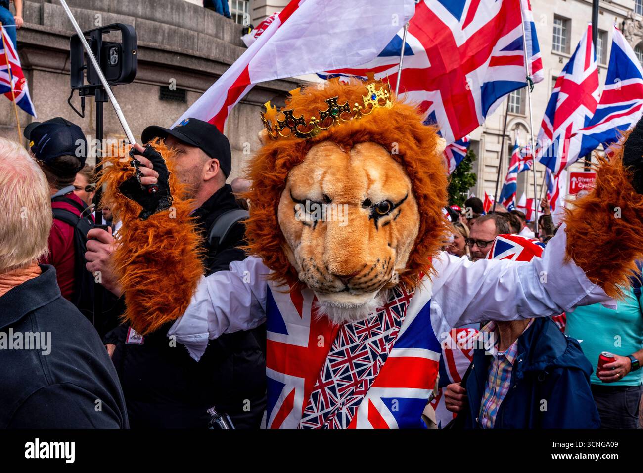 A Man Marches Over Westminster Bridge In A Lion Costume During The ...