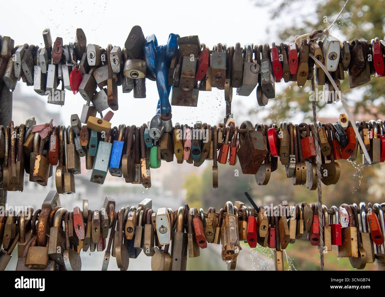 Rows of colorful and rusty padlocks attached to a bridge fence, representing the love lock tradition in many European cities Stock Photo