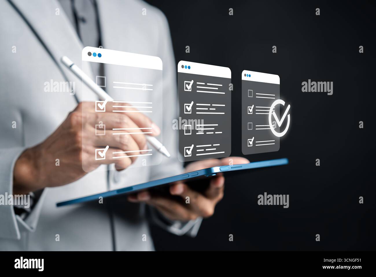Digital approval system, online checklist, task validation, and document verification businessman Stock Photo