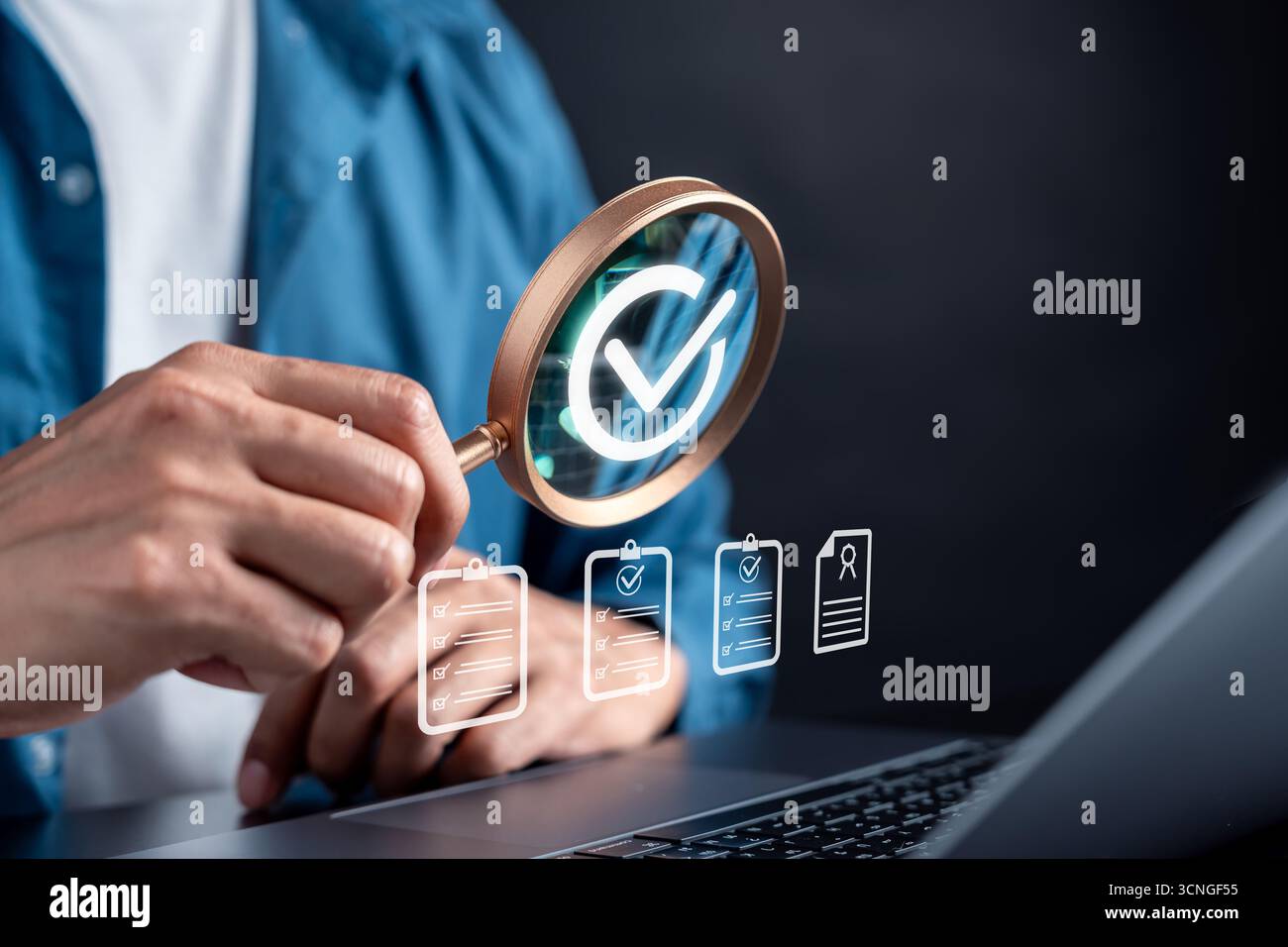 Digital signature and document approval concept. Magnifying glass with ...