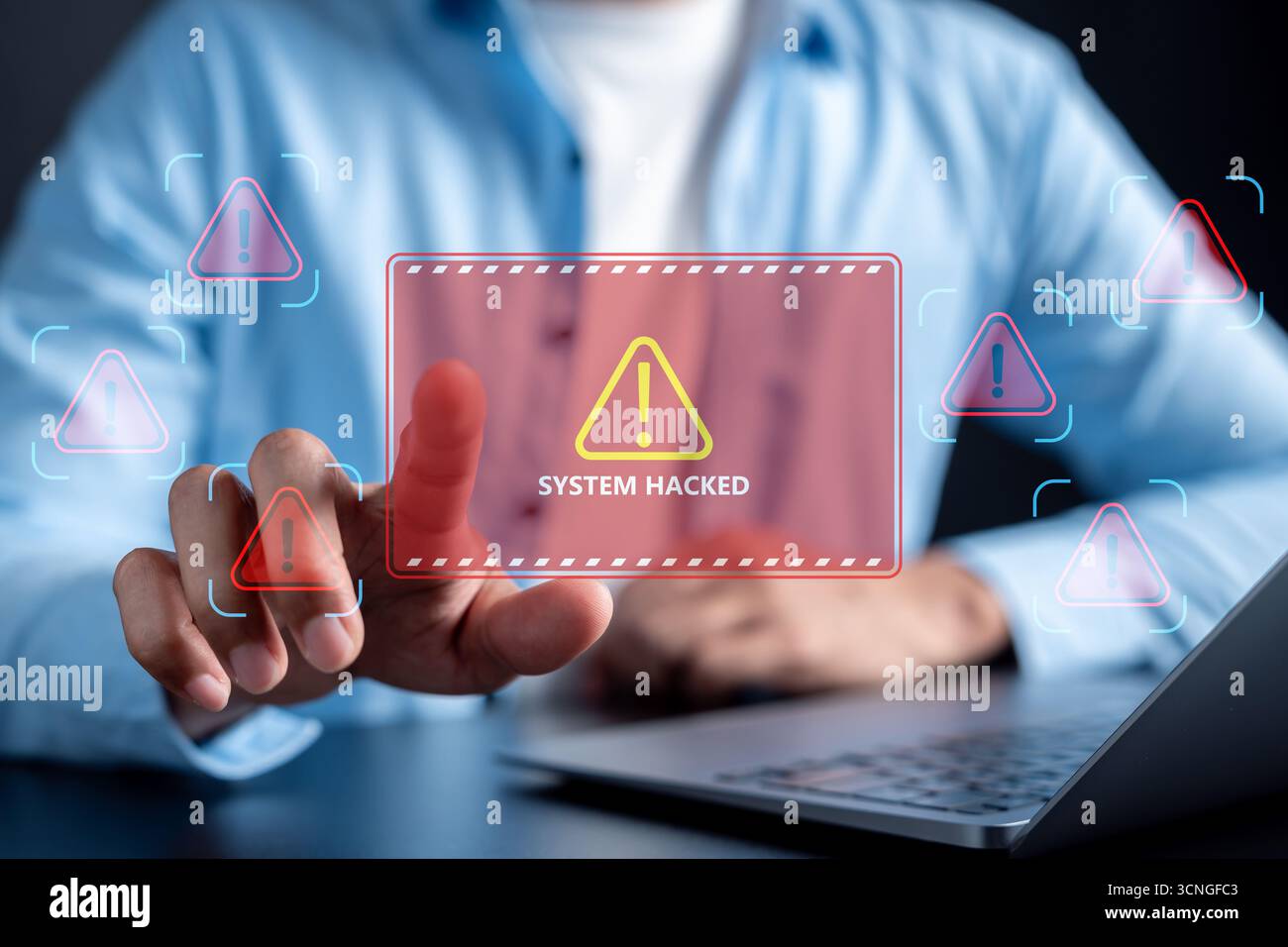 Cyber warning hacked alert on laptop screen with digital system breach, cyberattack, data security Stock Photo