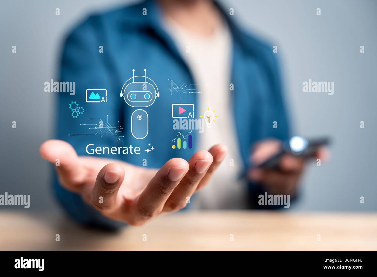 AI bot generation content creation, video, image, data, and innovation. generative AI, automation Stock Photo