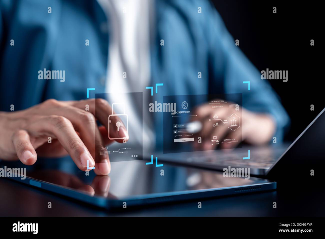 Data protection and cybersecurity with digital lock, secure login, and encrypted information Stock Photo