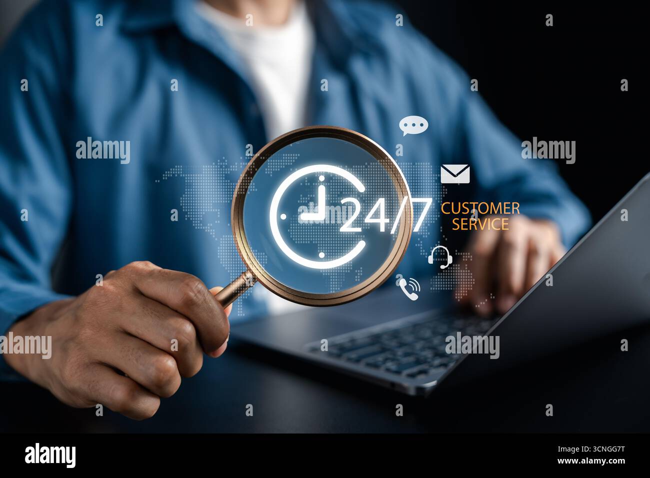 24 7 customer service support concept. online help desk, technical support, communication, call Stock Photo