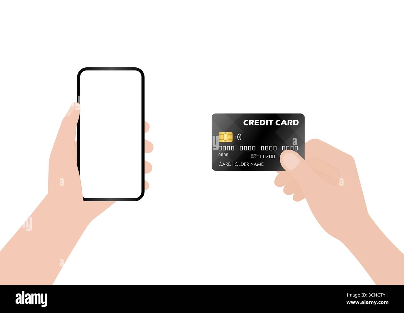 Hand Holding Credit Card and Smartphone. Online Payment, Online Shopping or Internet Banking Concept. Vector Illustration. Stock Vector