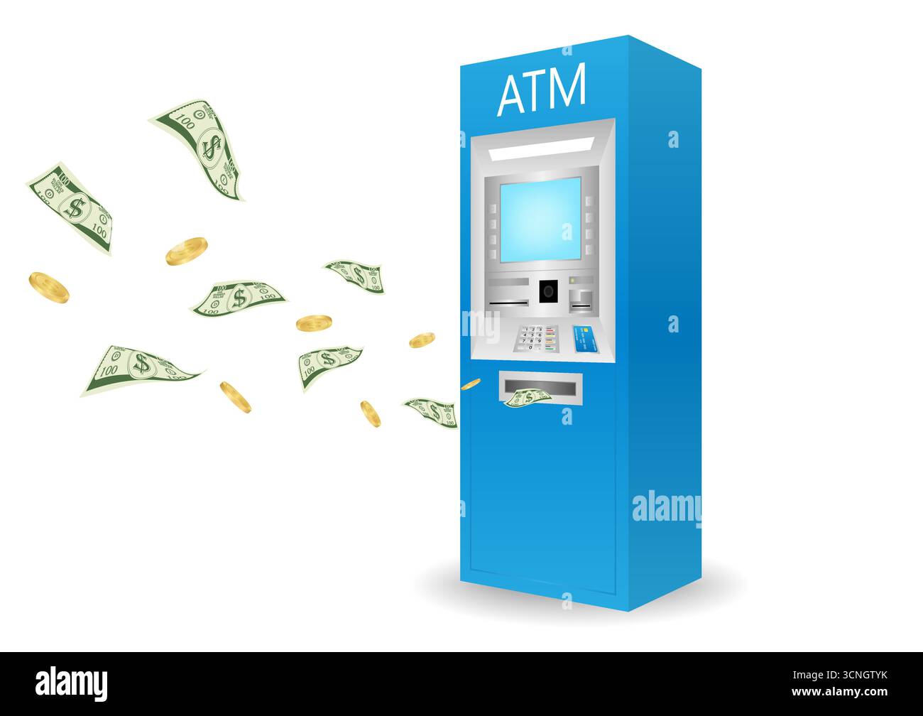 ATM- Automated Teller Machine with Flying Cash Money and Coins. Saving ...