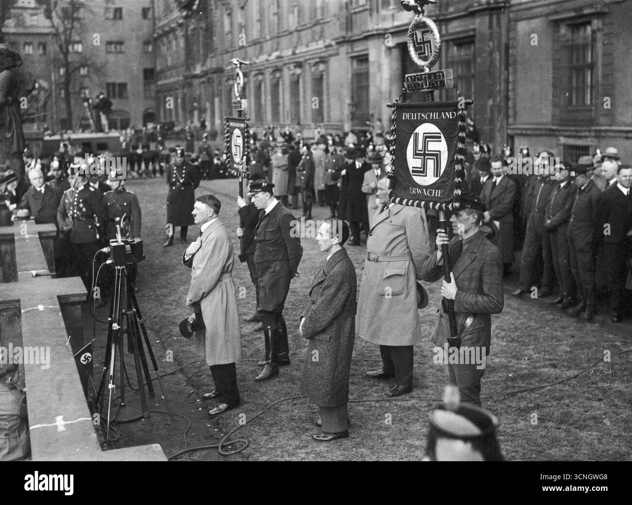 Presidential elections in Germany 1932. Adolf Hitler speaking. Joseph Goebbels standing behind him Stock Photo