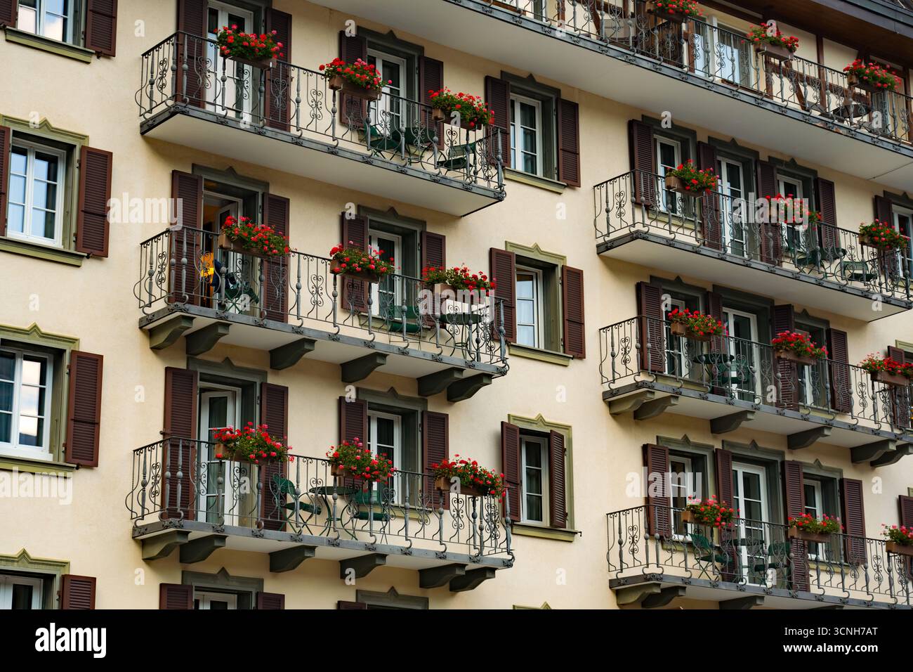Vibrant Red Flowers on balcony windows in European alpine style, Zermatt, Switzerland Stock Photo