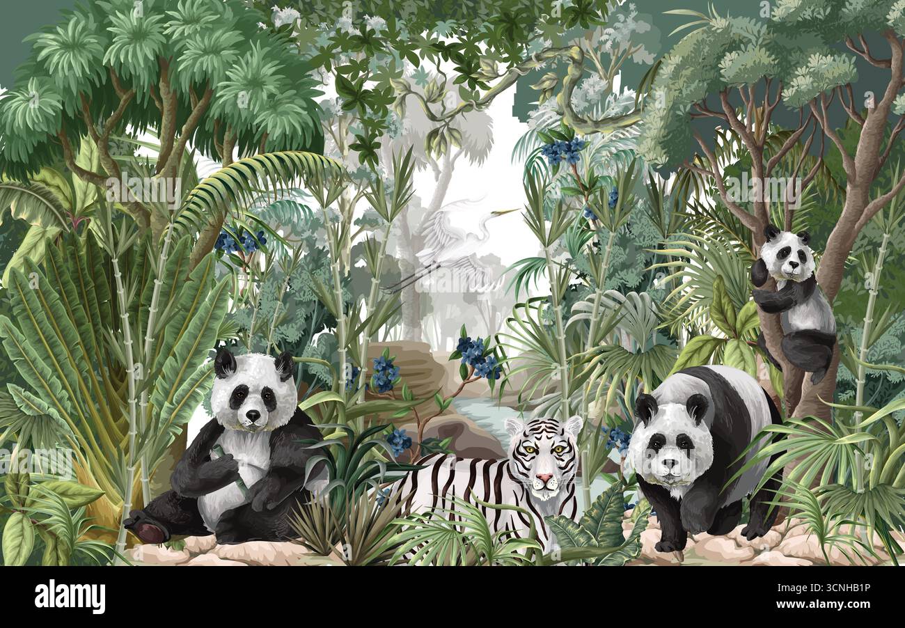 Tropical Jungle Mural with Pandas and White Tiger in Lush Greenery ...