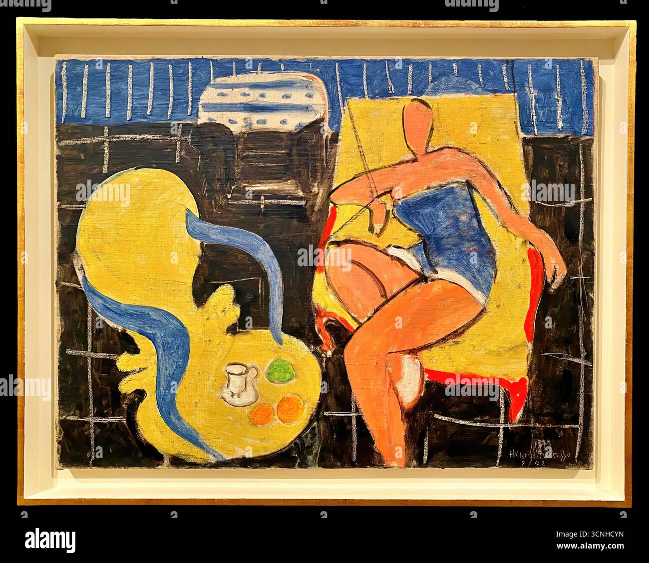 Henri Matisse Dancer and Rocaille Armchair Black Background, 1942, modernist decorative painting with vivid colors, simplified forms, and dark contras Stock Vector