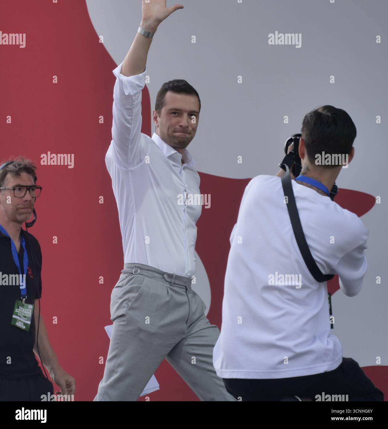 Pontida, Italy. 21st Sep, 2025. Jordan Bardella, MEP and president of Resemblance National, guest on stage at the annual rally of Salvini's League in Pontida. Credit: Independent Photo Agency/Alamy Live News Stock Photo