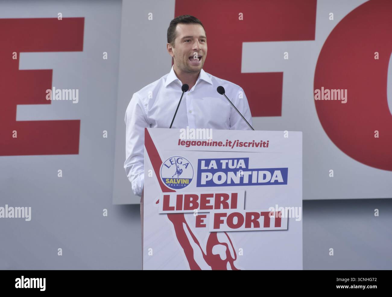 Pontida, Italy. 21st Sep, 2025. Jordan Bardella, MEP and president of Resemblance National, guest on stage at the annual rally of Salvini's League in Pontida. Credit: Independent Photo Agency/Alamy Live News Stock Photo