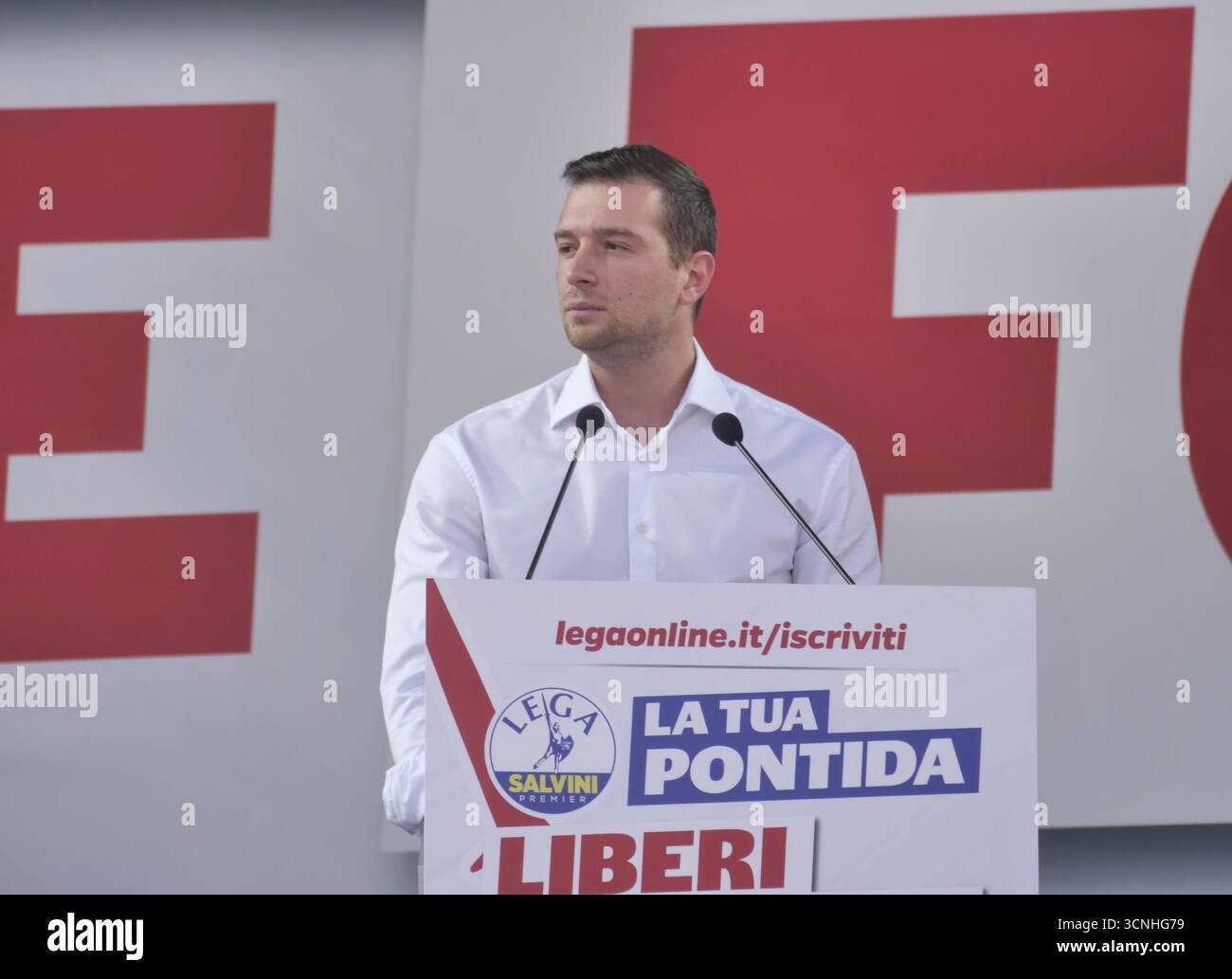 Pontida, Italy. 21st Sep, 2025. Jordan Bardella, MEP and president of Resemblance National, guest on stage at the annual rally of Salvini's League in Pontida. Credit: Independent Photo Agency/Alamy Live News Stock Photo