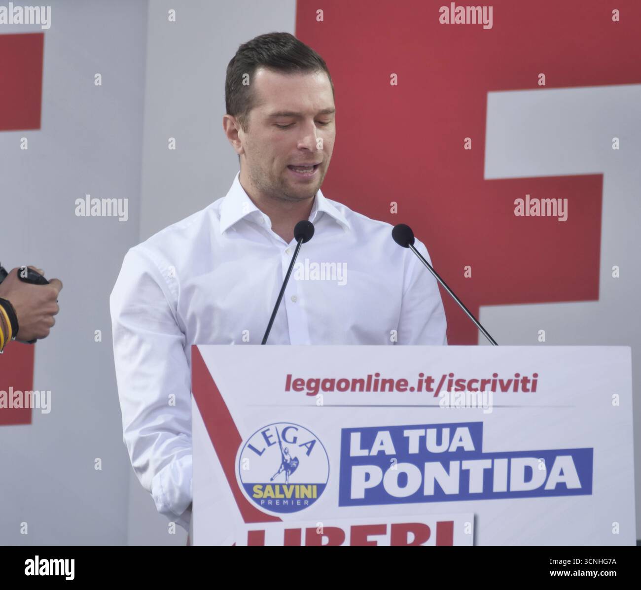Pontida, Italy. 21st Sep, 2025. Jordan Bardella, MEP and president of Resemblance National, guest on stage at the annual rally of Salvini's League in Pontida. Credit: Independent Photo Agency/Alamy Live News Stock Photo