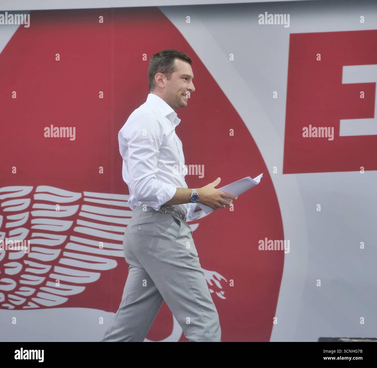 Pontida, Italy. 21st Sep, 2025. Jordan Bardella, MEP and president of Resemblance National, guest on stage at the annual rally of Salvini's League in Pontida. Credit: Independent Photo Agency/Alamy Live News Stock Photo