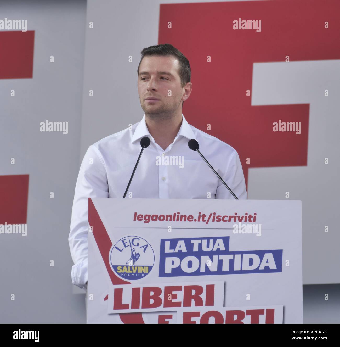 Pontida, Italy. 21st Sep, 2025. Jordan Bardella, MEP and president of Resemblance National, guest on stage at the annual rally of Salvini's League in Pontida. Credit: Independent Photo Agency/Alamy Live News Stock Photo