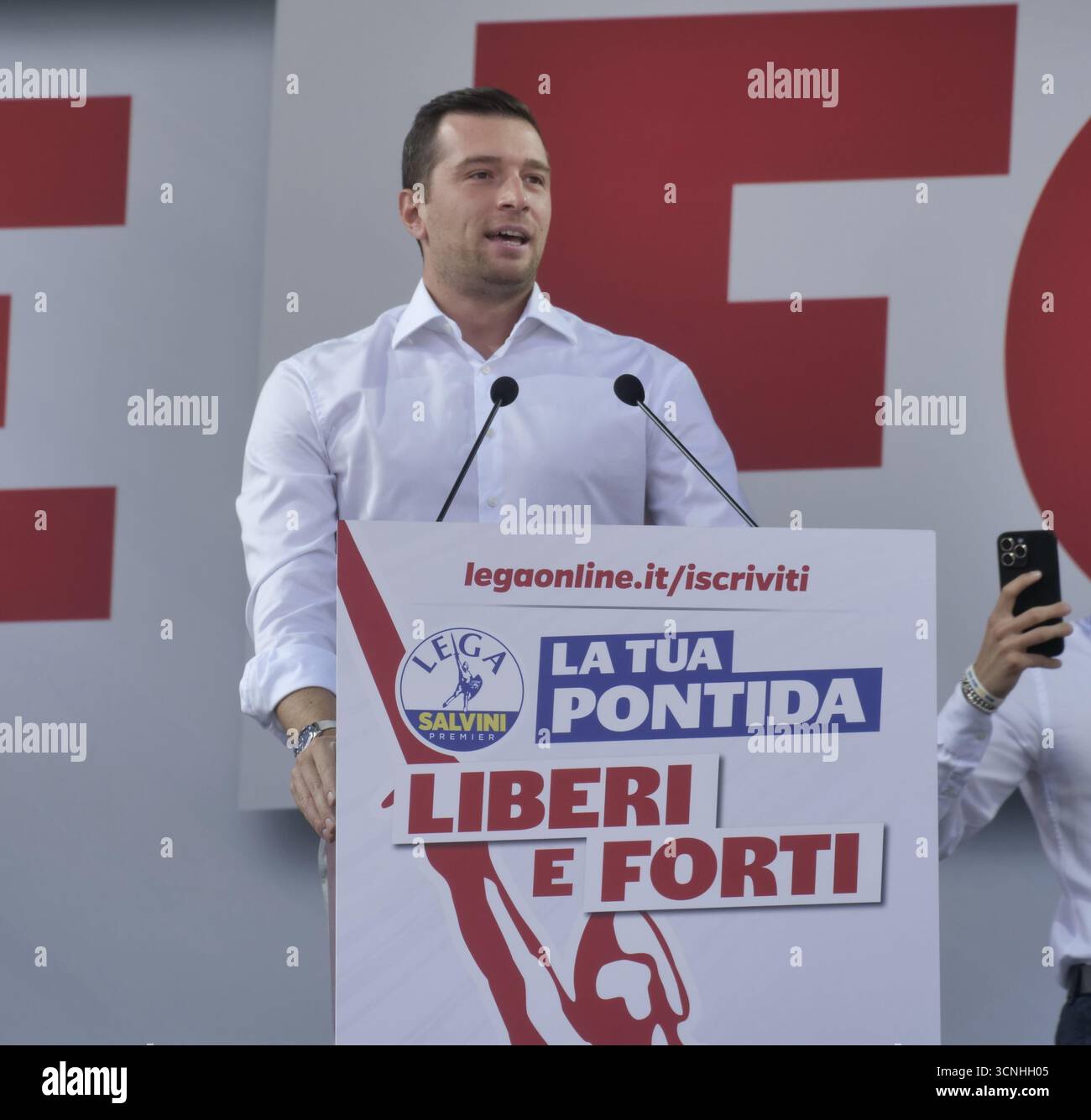 Pontida, Italy. 21st Sep, 2025. Jordan Bardella, MEP and president of Resemblance National, guest on stage at the annual rally of Salvini's League in Pontida. Credit: Independent Photo Agency/Alamy Live News Stock Photo