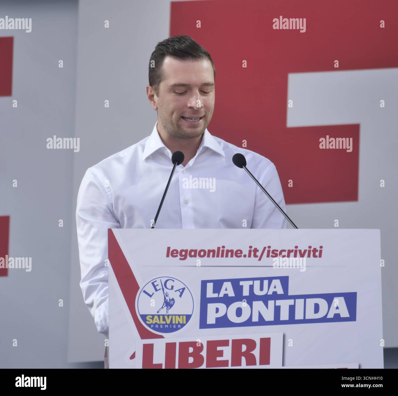 Pontida, Italy. 21st Sep, 2025. Jordan Bardella, MEP and president of Resemblance National, guest on stage at the annual rally of Salvini's League in Pontida. Credit: Independent Photo Agency/Alamy Live News Stock Photo
