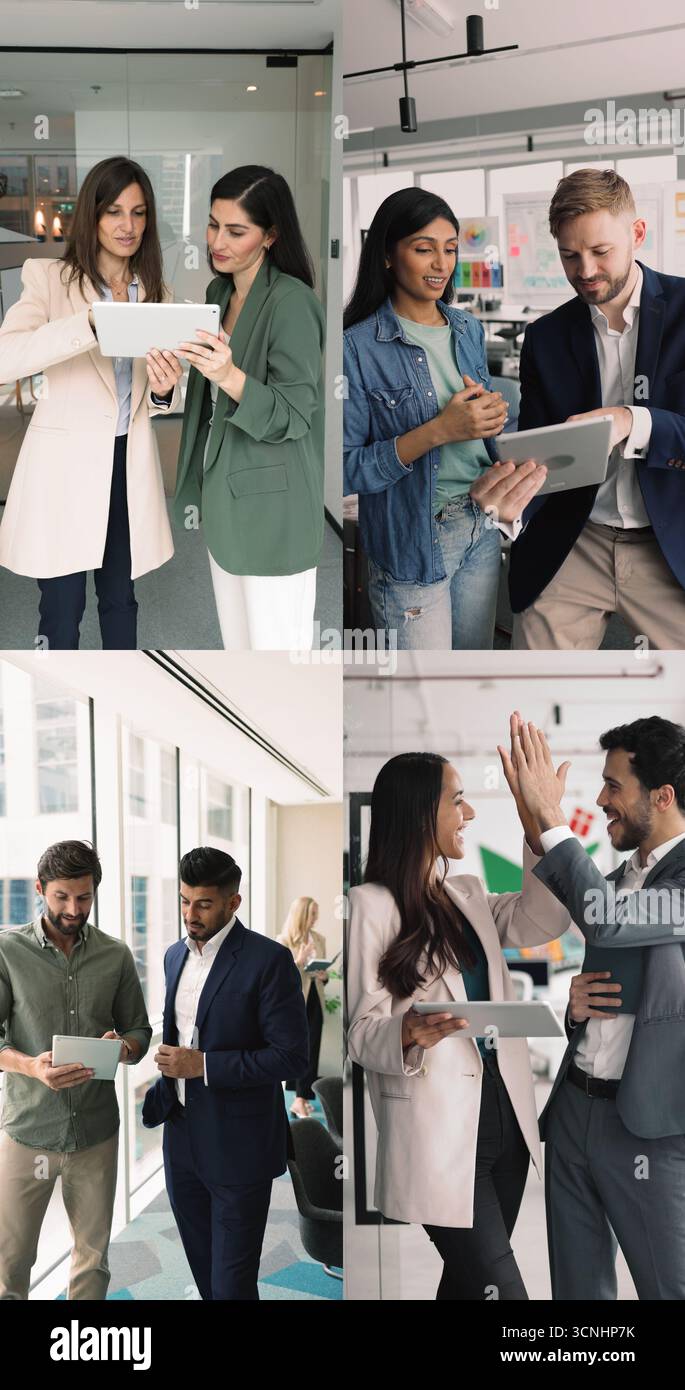 Teammates working together using digital tablets, vertical collage view Stock Photo