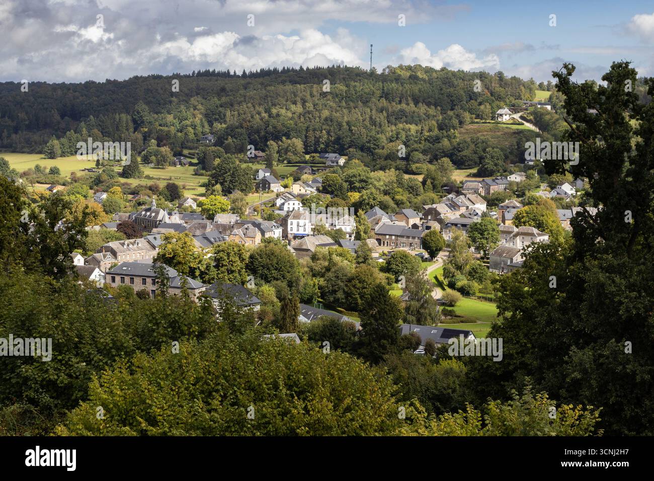 Aerial view of the village of Herbeumont, in the Province of Luxembourg in the Belgian Ardennes. Picturesque village surrounded by hills and forests. - Stock Image