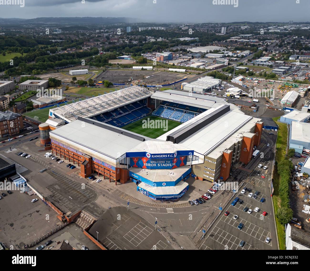 An aerial view of Ibrox Stadium, home of Glasgow Rangers FC in Strathclyde, Scotland Stock Photo