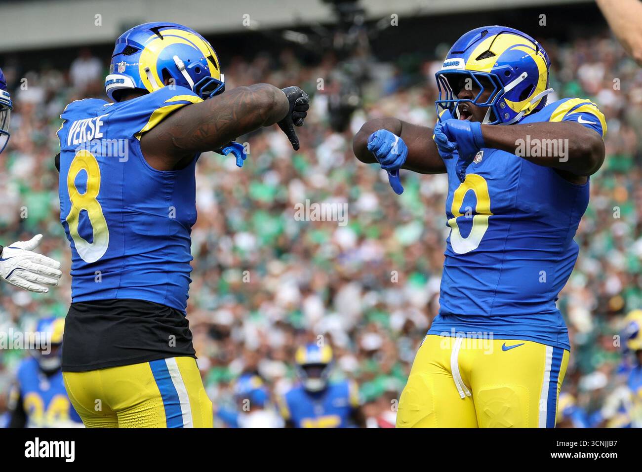 Los Angeles Rams linebacker Jared Verse (8) and Linebacker Byron Young ...