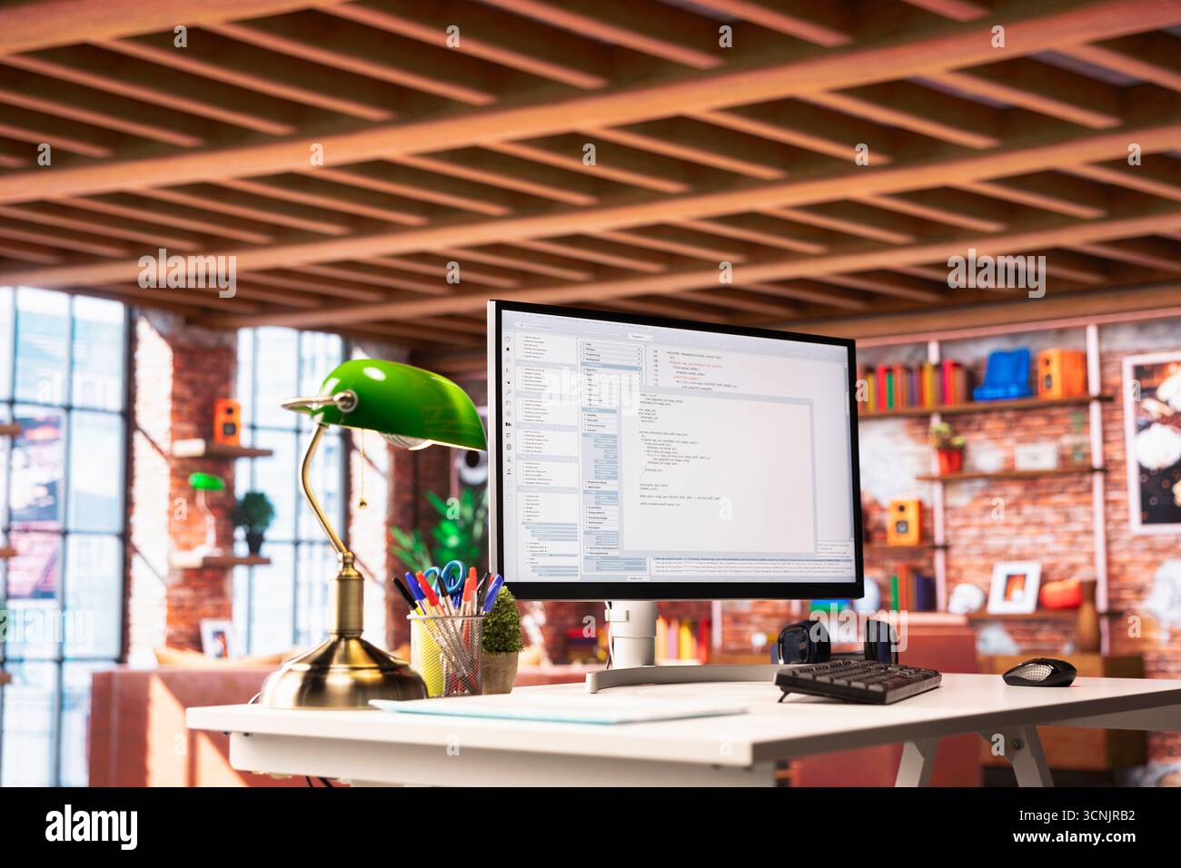 UI on PC screen in home office with programming code being executed. Coding application on computer display used by IT programmer to write and test code in modern apartment Stock Photo