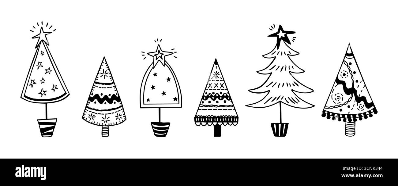 Christmas trees doodle set. Hand drawn vector elements on white ...
