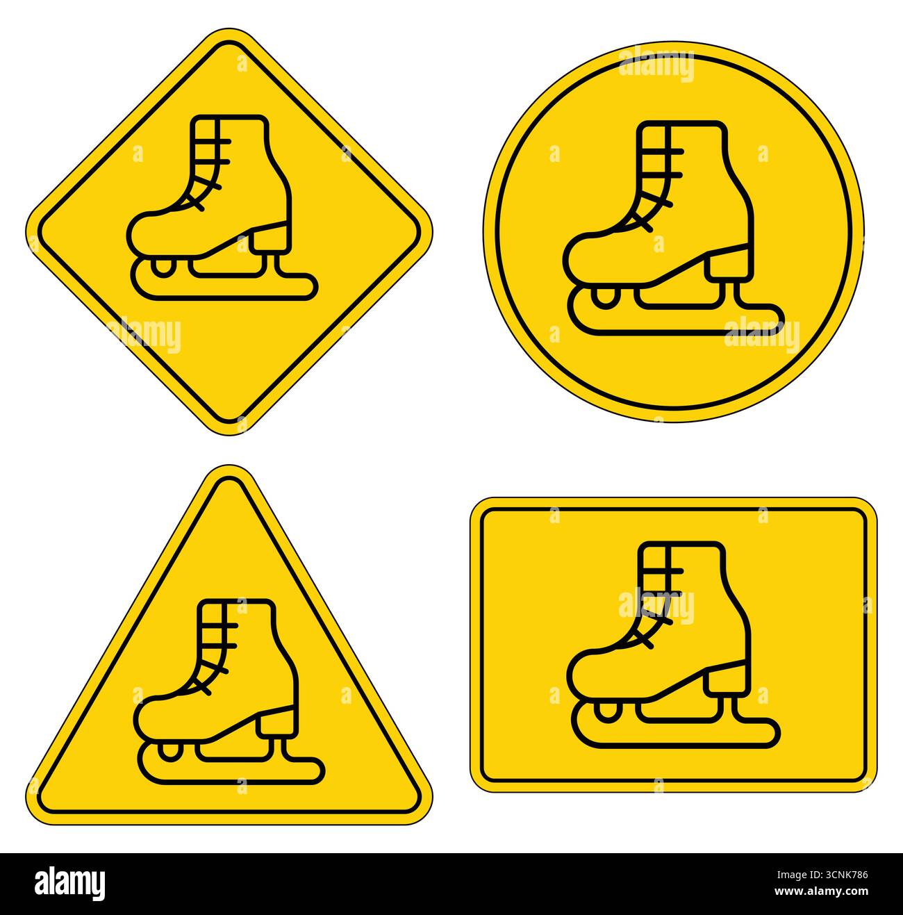 Set of four unique yellow warning signs featuring an ice skate design ...