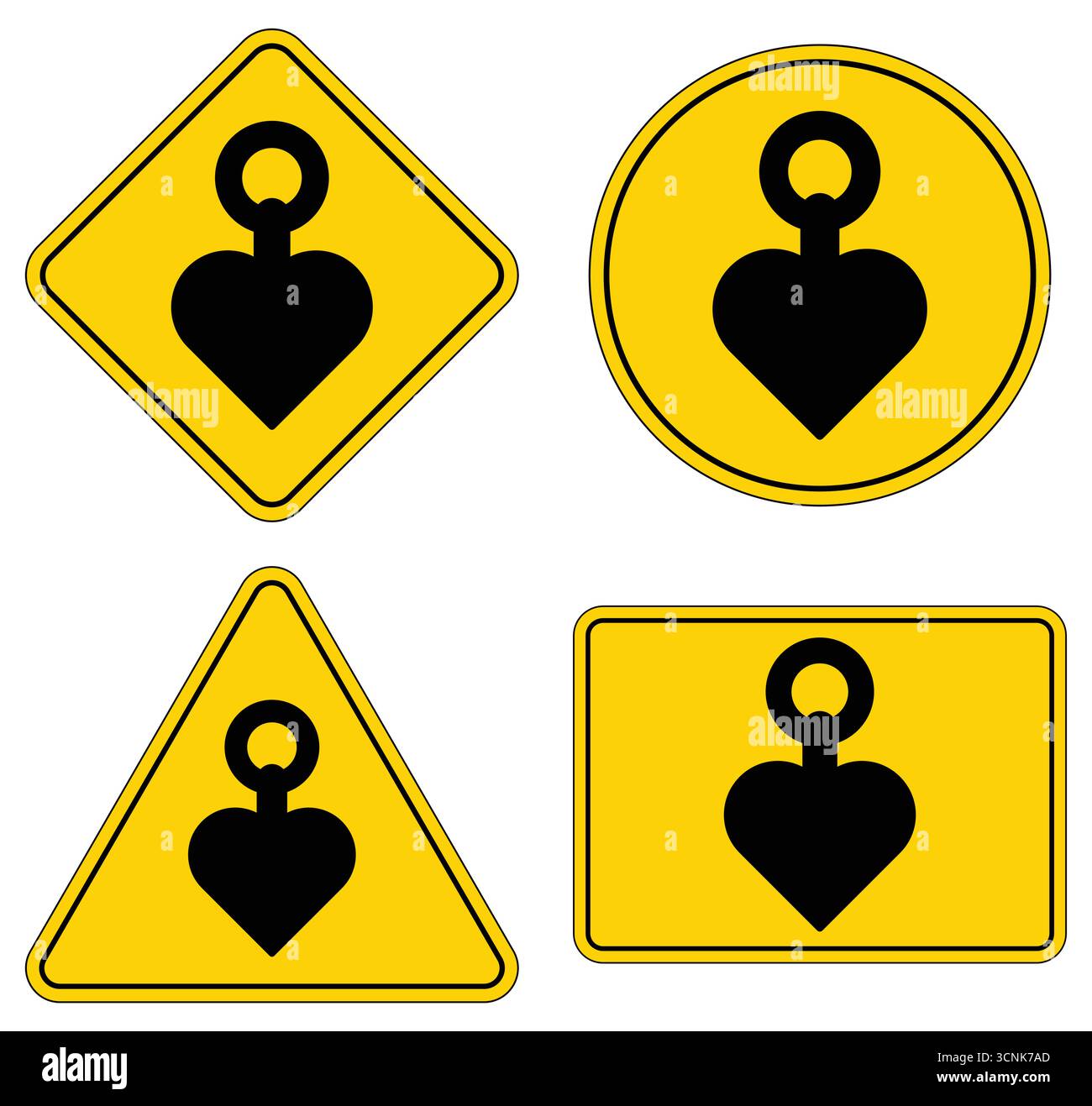 This collection features heart symbols displayed on cautionary signs ...