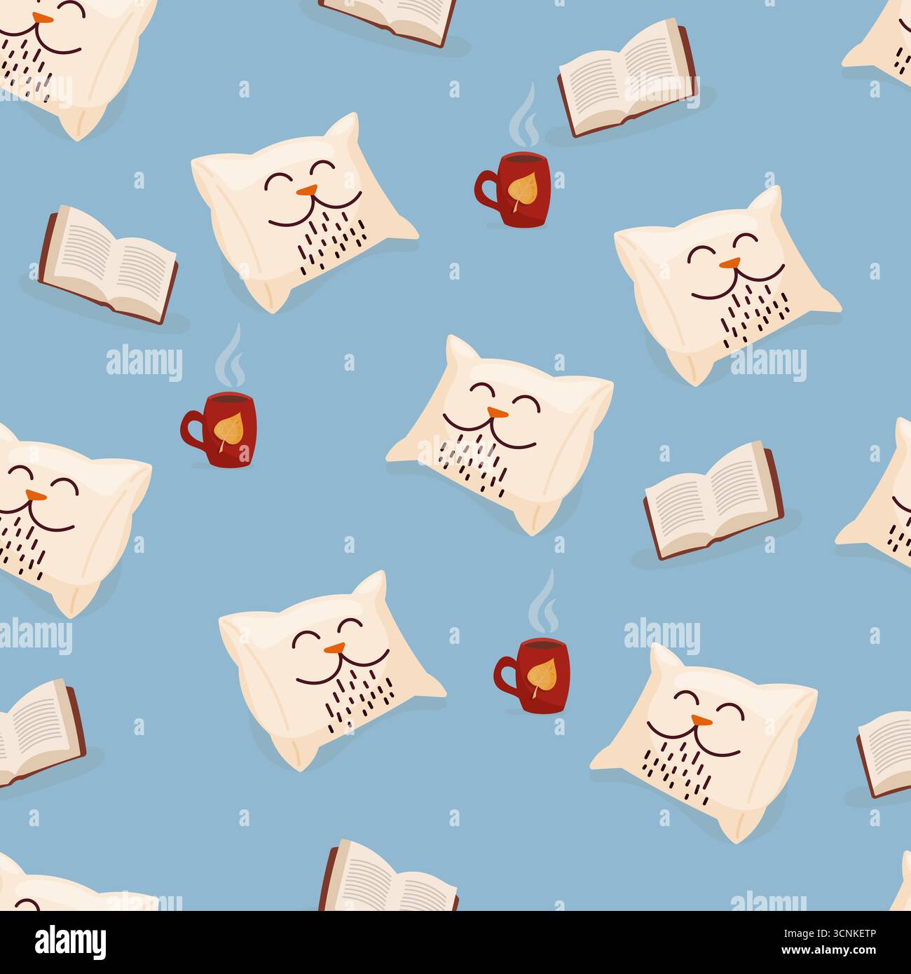 Seamless pattern with cozy pillow cat mug and open book Stock Vector