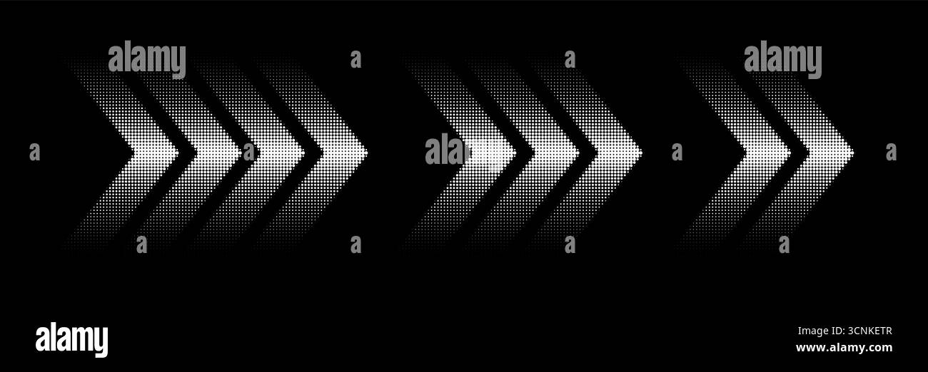 Halftone arrows, graphic pointers set, dynamic symbols with speed effect. Stock Vector
