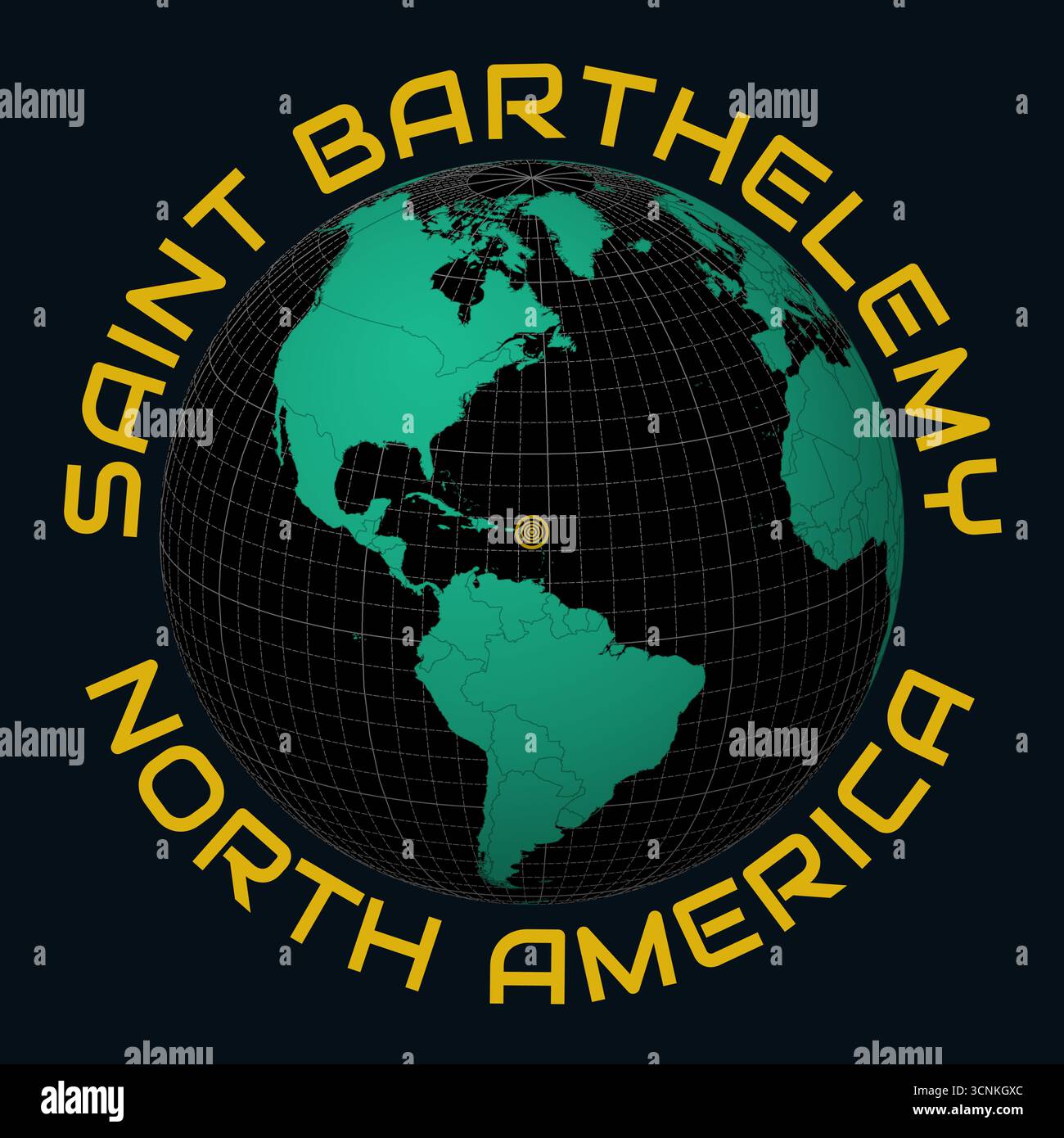 Saint Barthelemy on Globe. Round country and continent name text ...