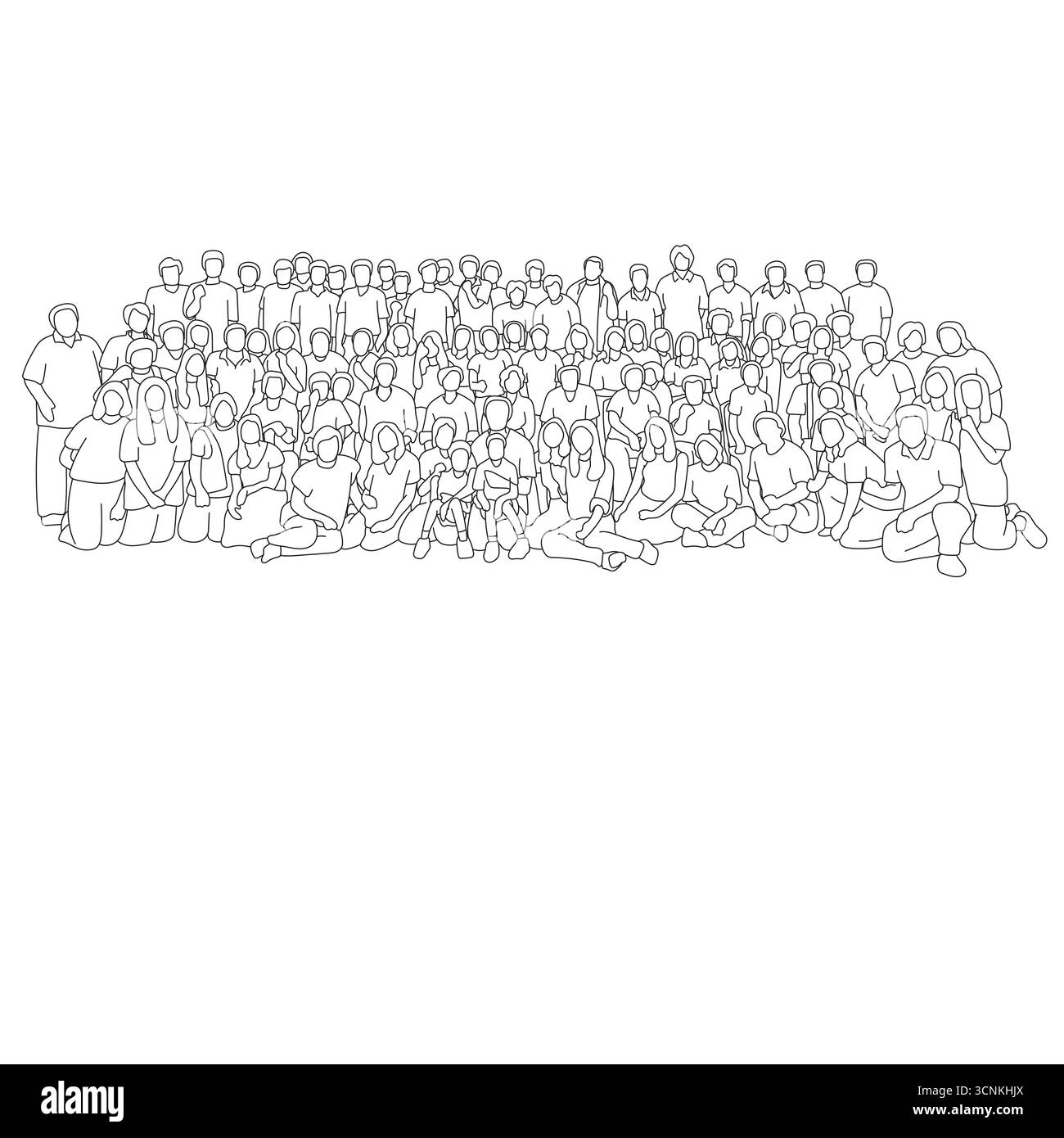 Big people group illustration vector hand drawn with black lines Stock Vector