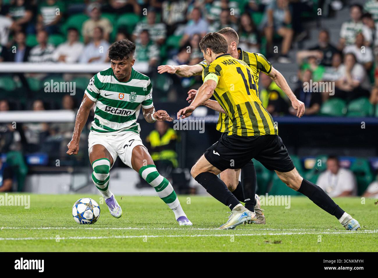 Alisson Santos of Sporting CP and Aleks Martinovich of FC Kairat Almaty ...