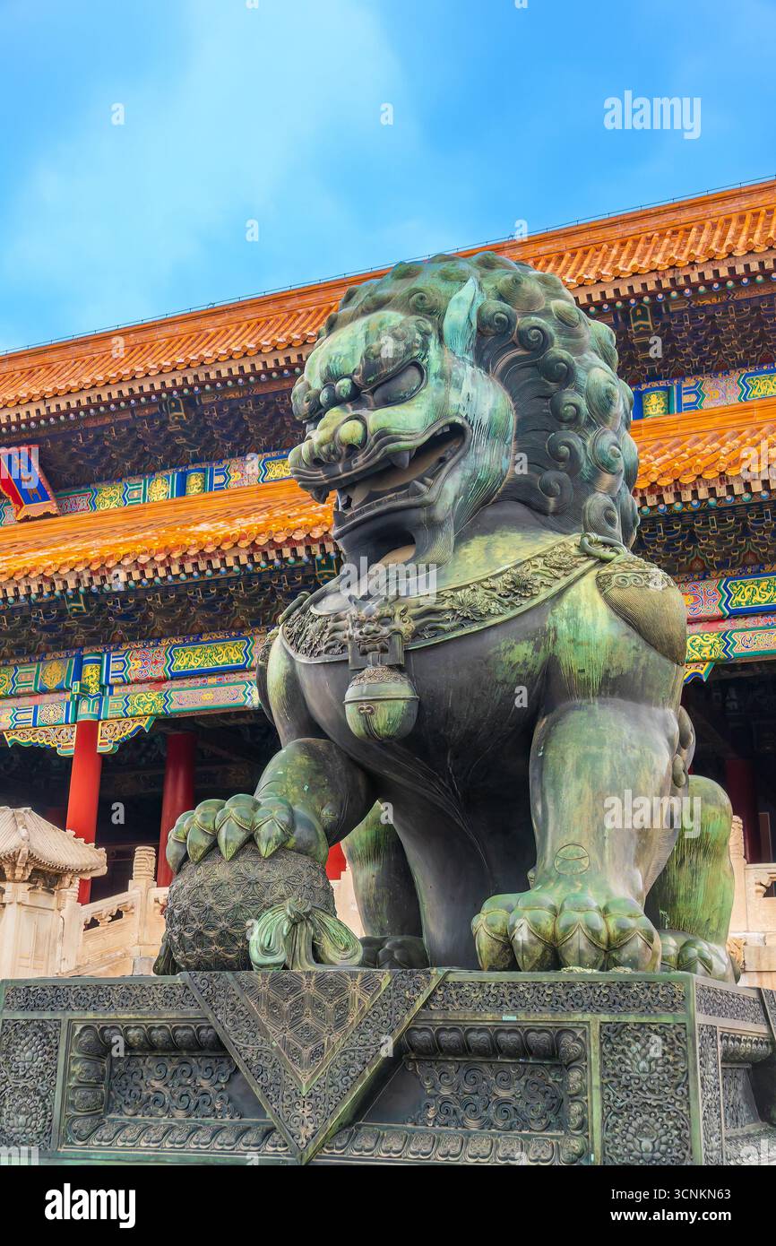 Bronze Lion at the Forbidden City in Beijing China Stock Photo