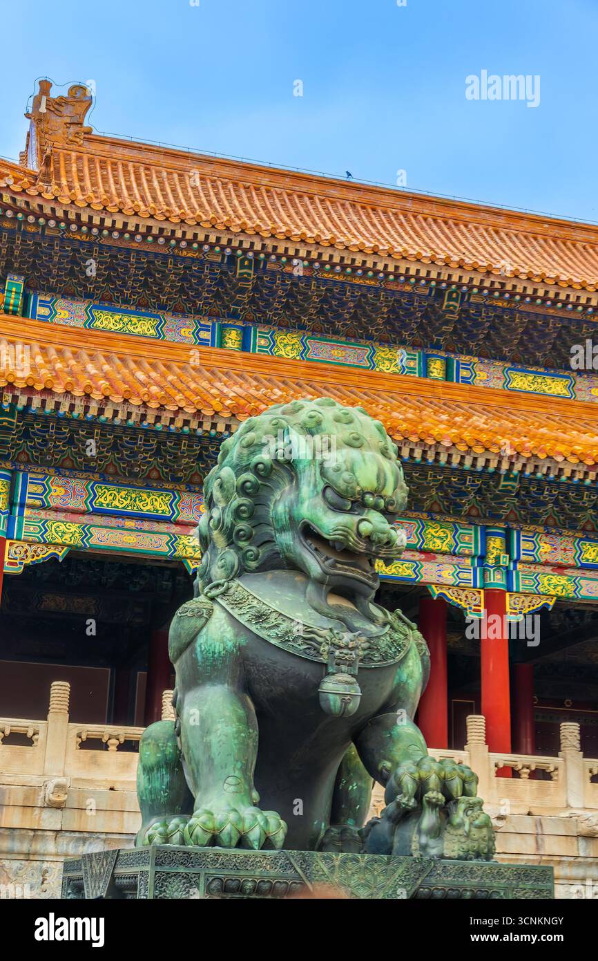 Bronze Lion at the Forbidden City in Beijing China Stock Photo