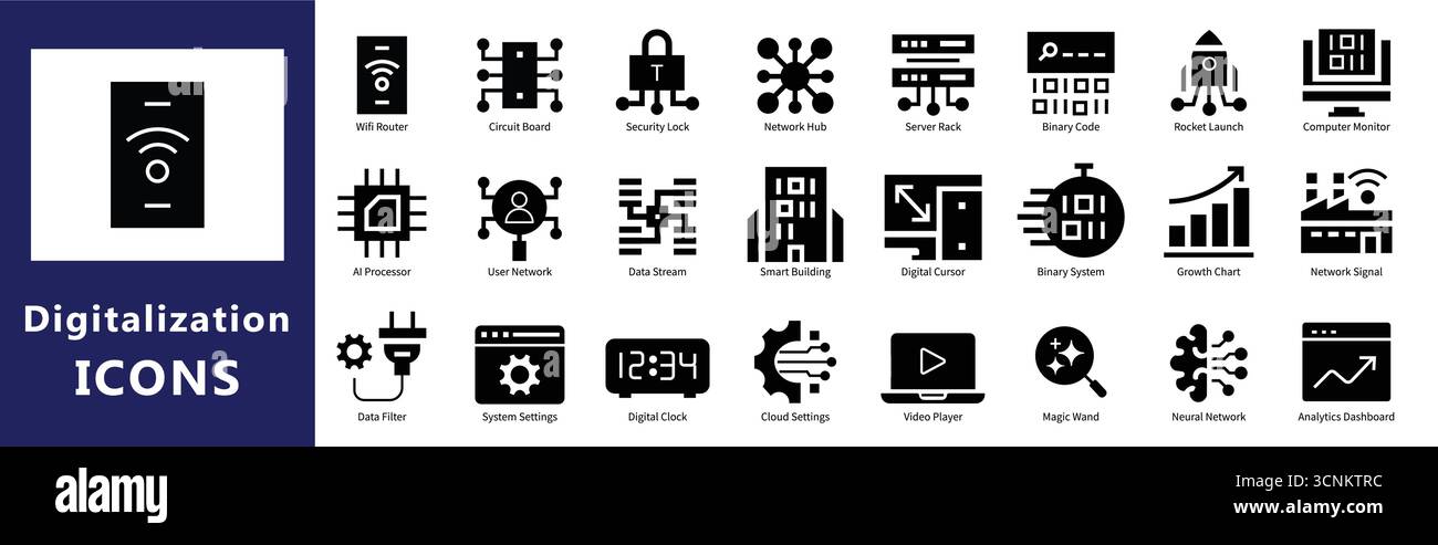 Digitalization Icons Set | Data Transformation, Cloud Computing, Automation, and Technology Vector Symbols Stock Vector