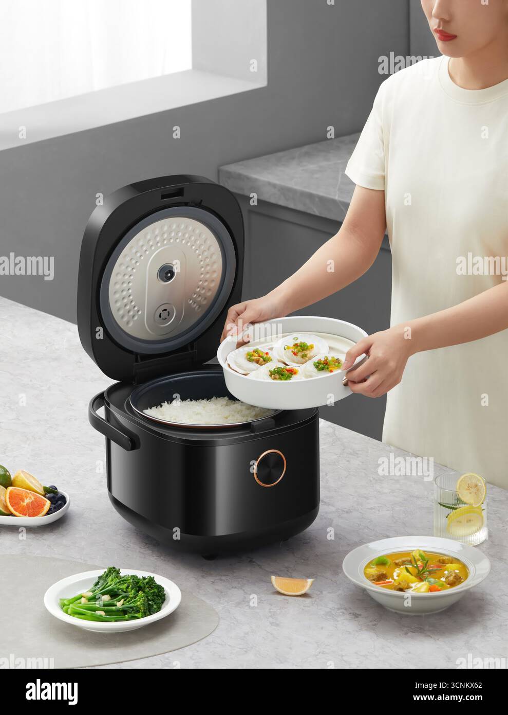 Dish Using Rice Cooker Modern Black Rice Cooker with Steamed Food and Side Dishes Stock Photo ...