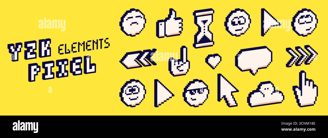 Pixel Y2K 3d user interface elements on yellow background. Isometric 8 bit emoji, arrows, gestures and speech bubble. Stock Vector