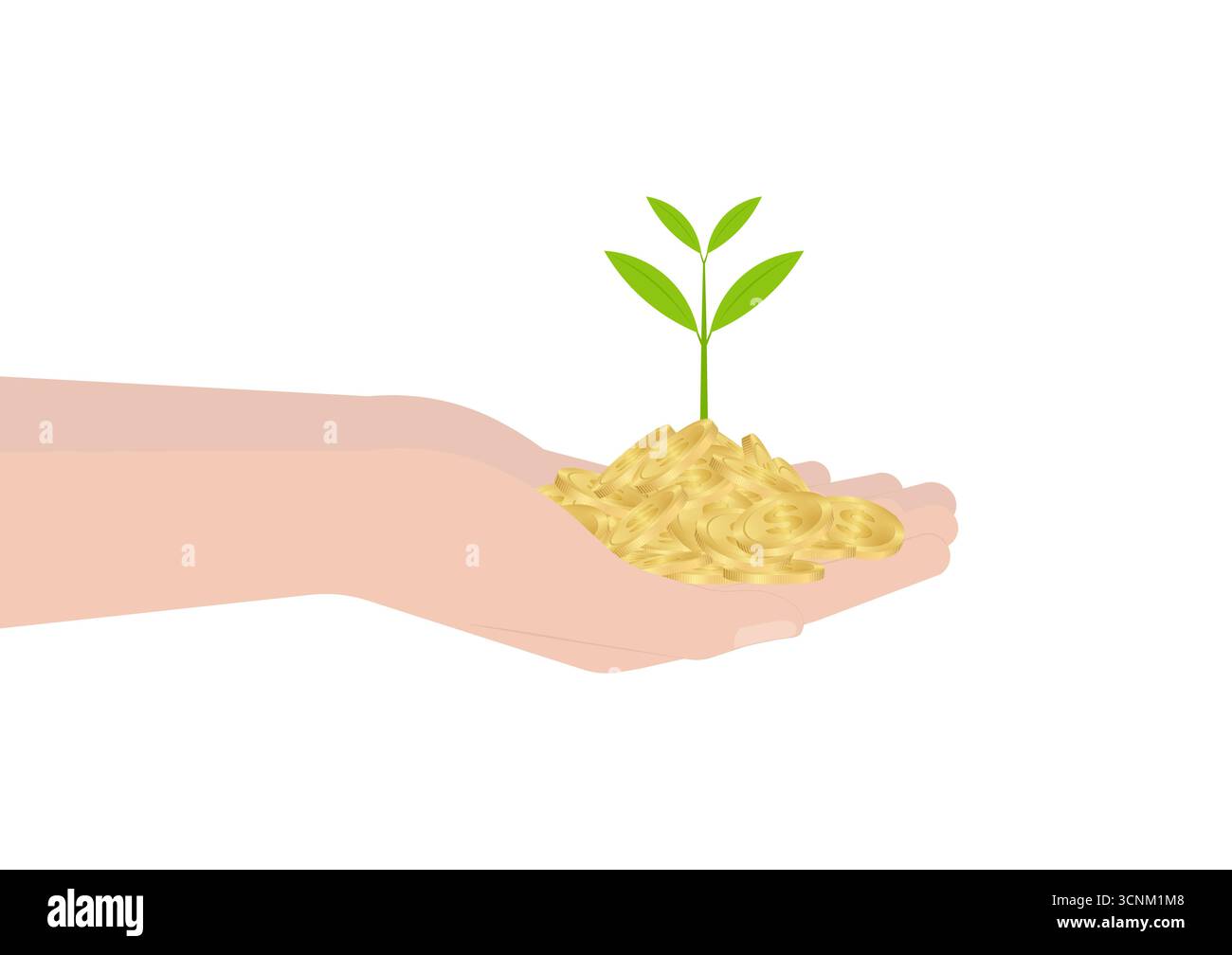 Hand Holding Coins and Money Plant. Vector Illustration on White Background. Growing Money, Saving and Investment Concept. Stock Vector