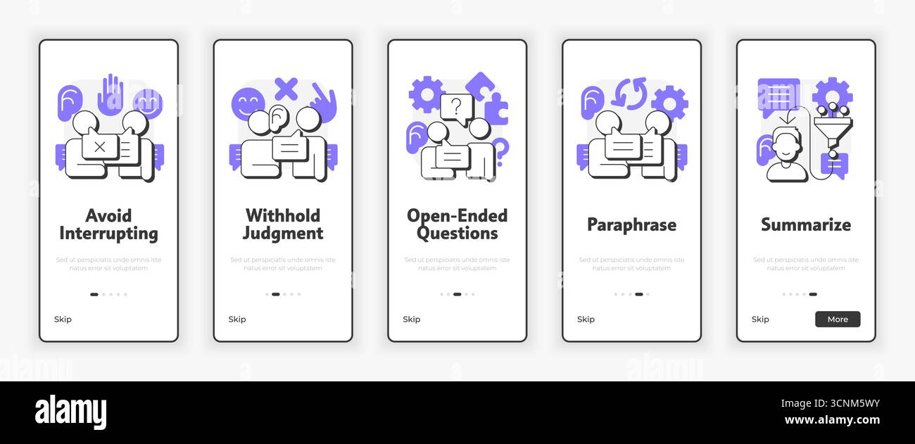 Active listening techniques mobile onboarding screen Stock Vector
