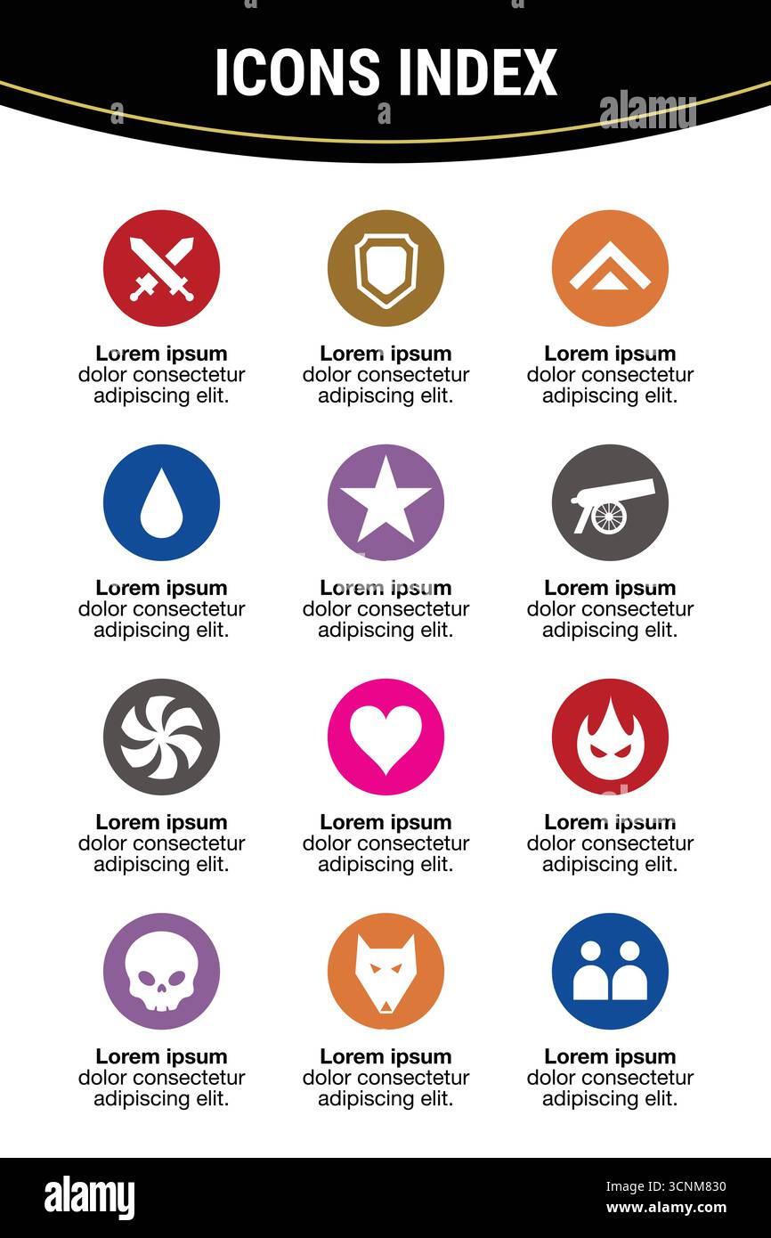 Colorful game design icons index. reference sheet. video game interface ...