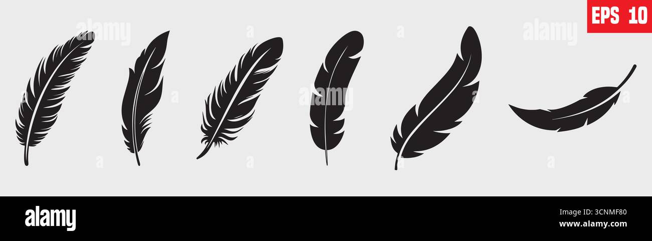 Feathers icon set, vector, isolated feathers silhouette Stock Vector